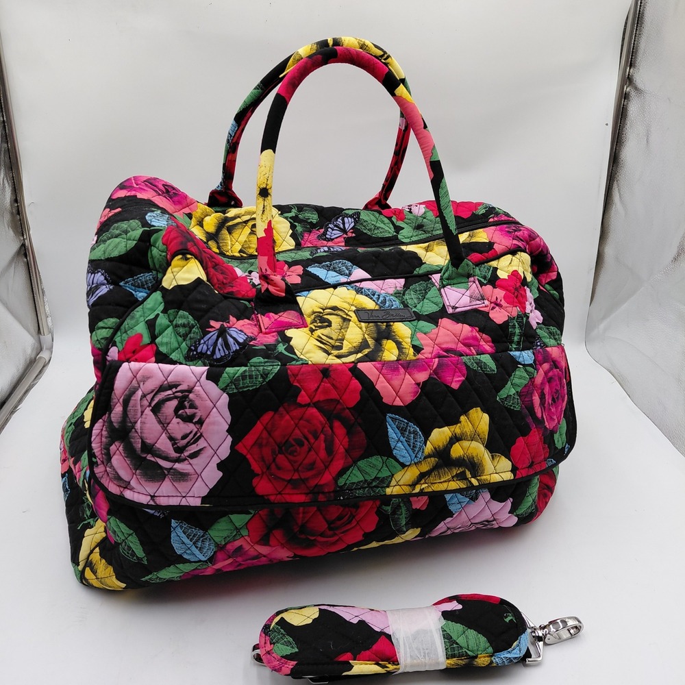 Vera Bradley Midnight Garden Quilted Cotton 20" Duffel Bag Travel Floral Roses